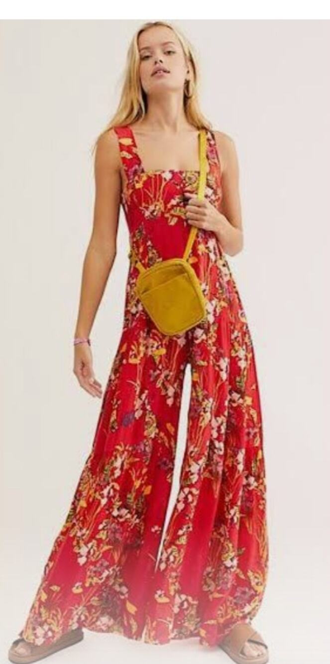 5958)Free People One Aloha Red Combo Floral One Piece Wide Leg Jumpsuit XS?